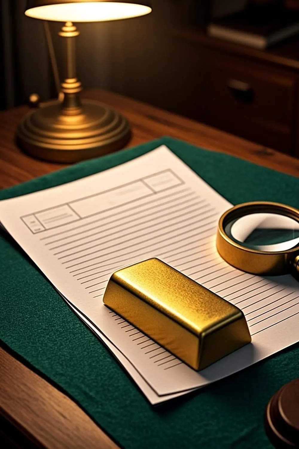 Tax Treatment by Form of Gold Investment Paper tax form with a small gold bar and magnifying glass on a banker desk