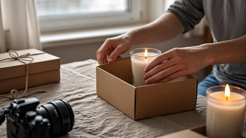 Candle maker packing handmade products for market sales