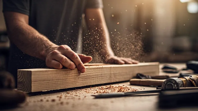 Woodworker finishing a project at a home workshop bench
