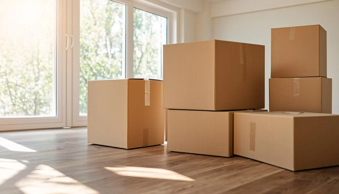 Moving boxes stacked in an empty living room the week before a home sale closes