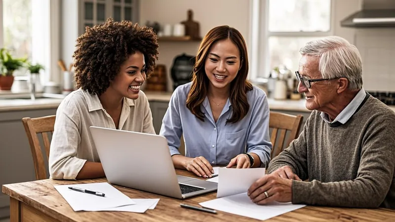 Homeowners reviewing Section 121 qualification documents with a friendly advisor at a kitchen table