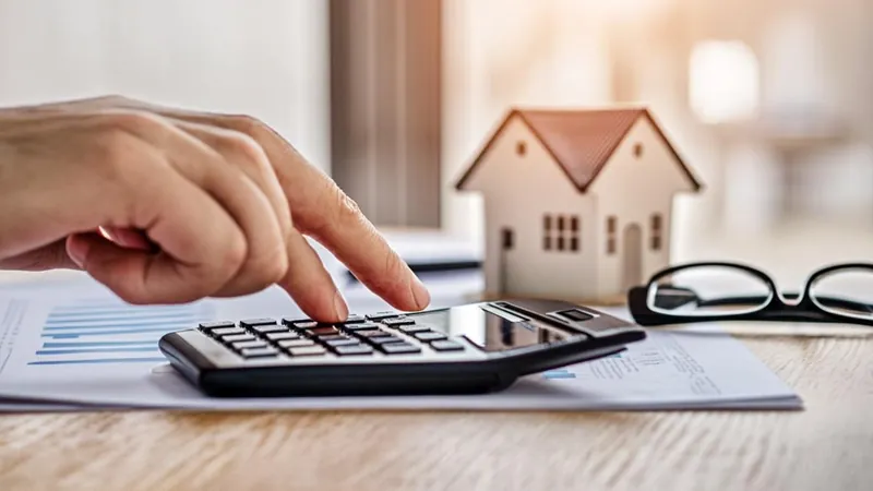 Hands using a calculator next to home sale documents and a small model house, illustrating a partial exclusion calculation