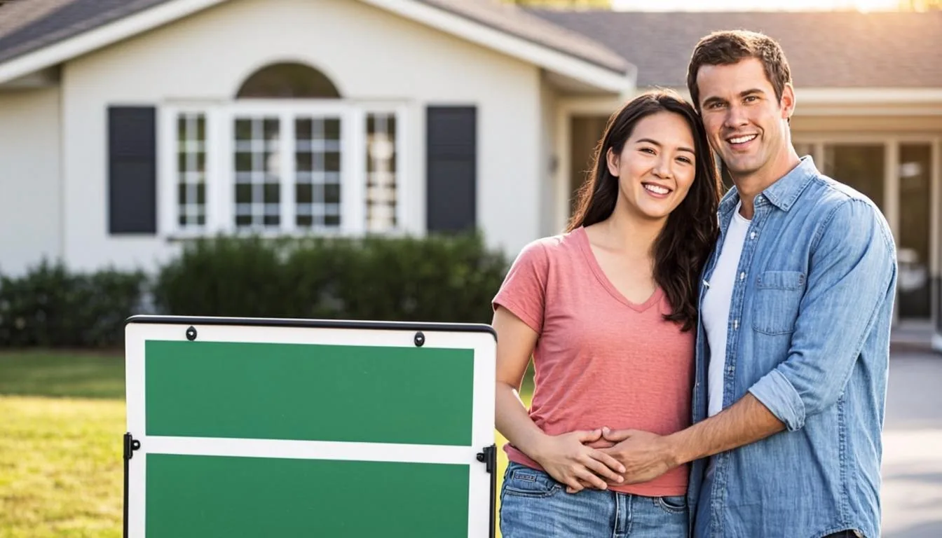 New owners celebrating in front of a house with a freshly planted sold sign