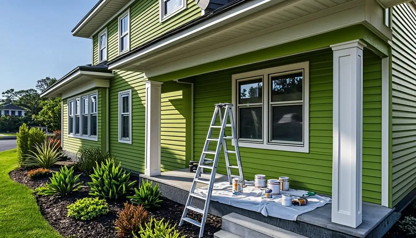 Renovated house exterior with fresh paint being prepared for a flip sale