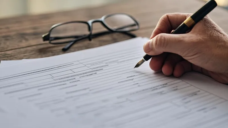 Hands completing a tax form with a pen at a wooden desk