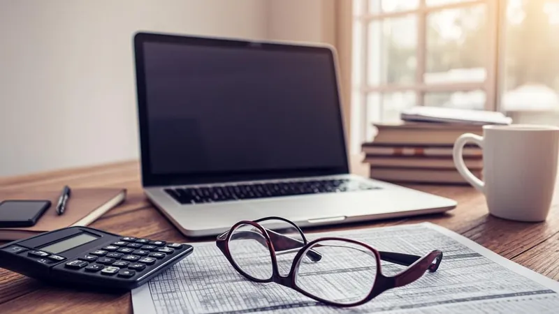 Home office desk with printed brokerage statements, calculator and laptop prepared for tax filing