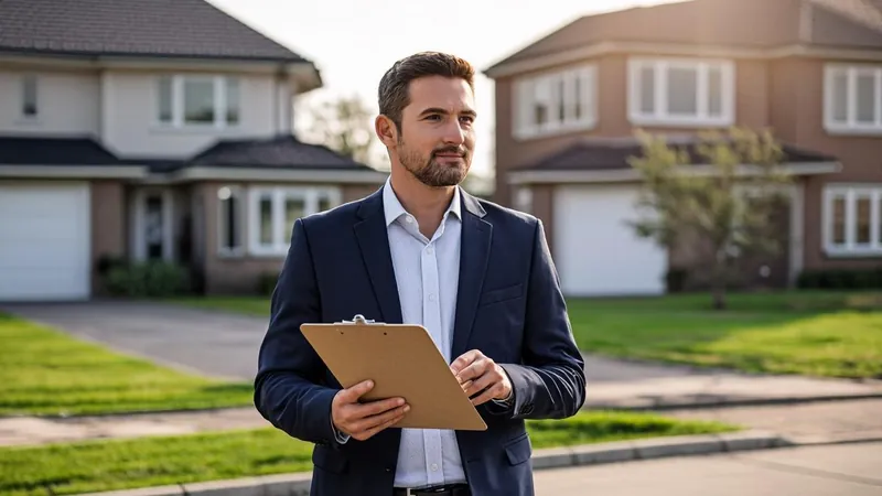 Home appraiser reviewing documents and measurements outside a suburban house