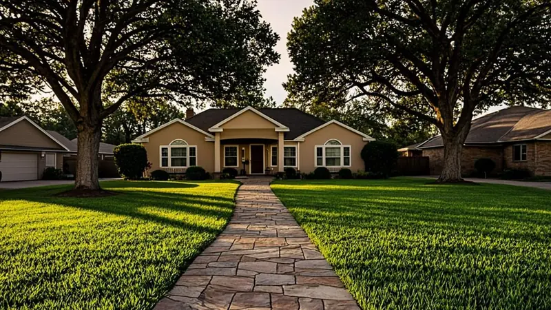 Quiet suburban family home with a tidy front yard and mature trees