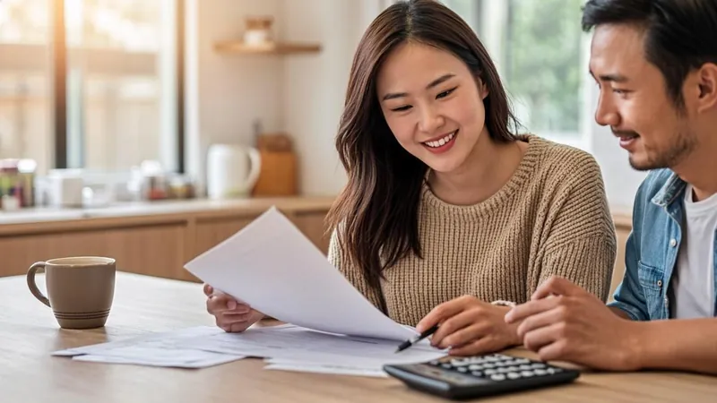 Two people reviewing property documents and a calculator at a kitchen table
