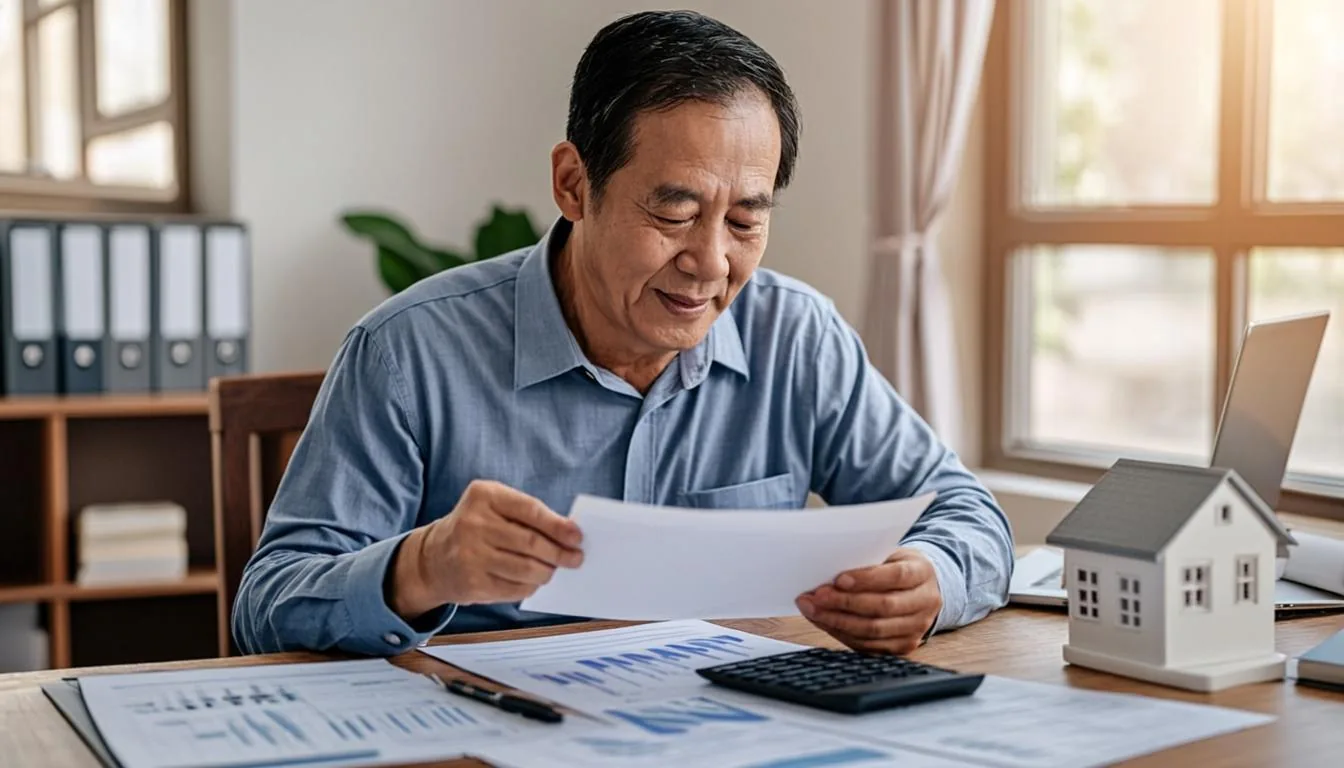 Investor calculating capital gains tax on investment property with a worksheet and calculator