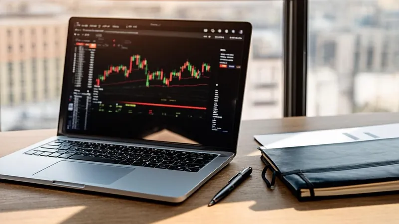 Laptop showing a cryptocurrency trading chart on a home desk