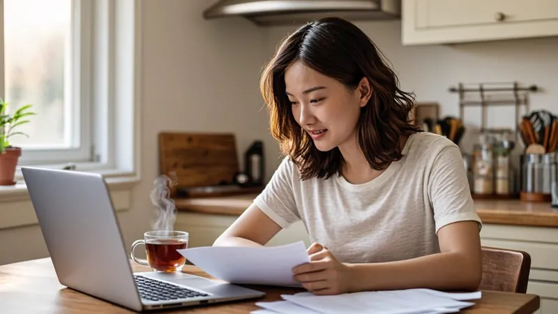 Woman reviewing tax paperwork at a kitchen table with tea