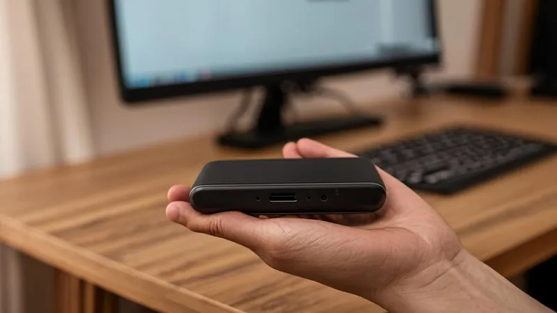 Hand holding a hardware wallet in front of a home computer