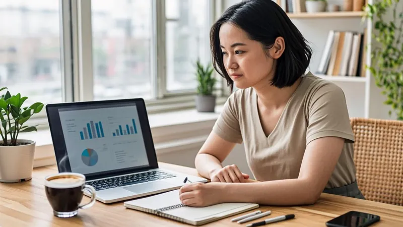 Investor reviewing a dividend reinvestment statement on a laptop at home
