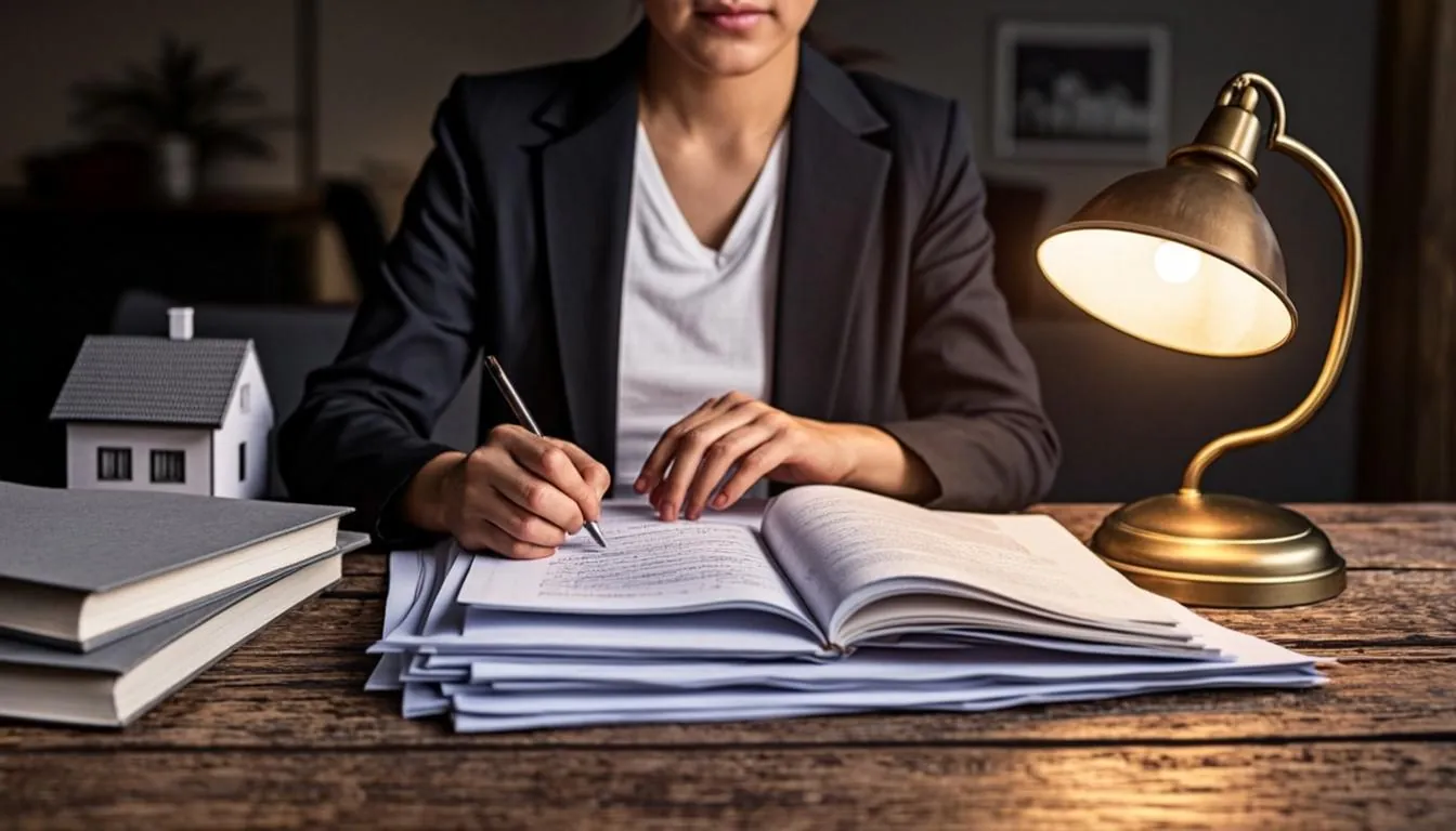 Landlord reviewing rental property records at a desk with a calculator
