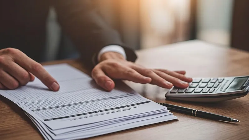 Hands comparing two tax documents beside a calculator on a desk