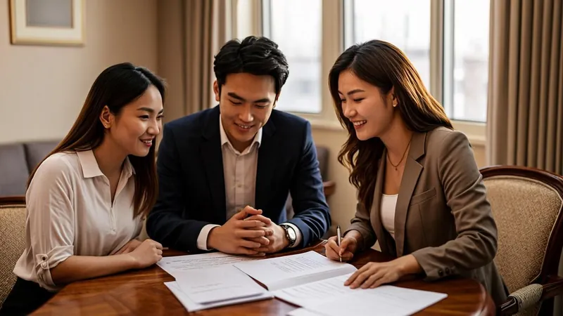 Couple reviewing estate planning documents with an advisor at a wooden table