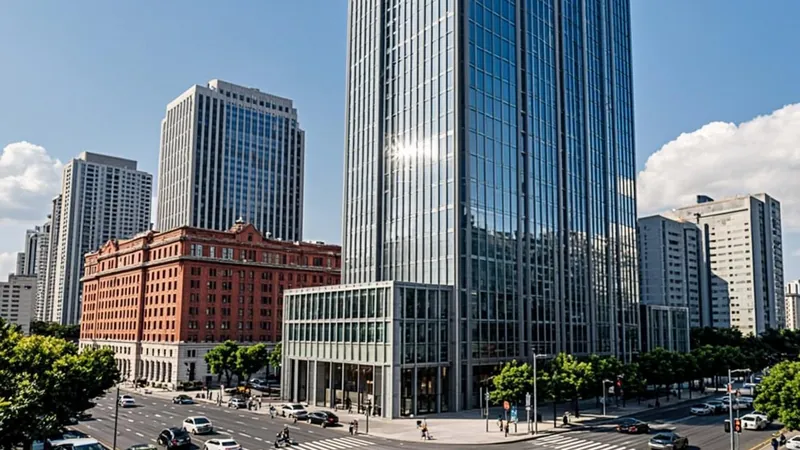 Urban street with older brick building and new glass towers under construction