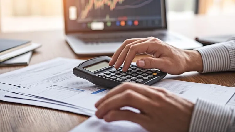 Person calculating investment gains with calculator and laptop showing stock charts