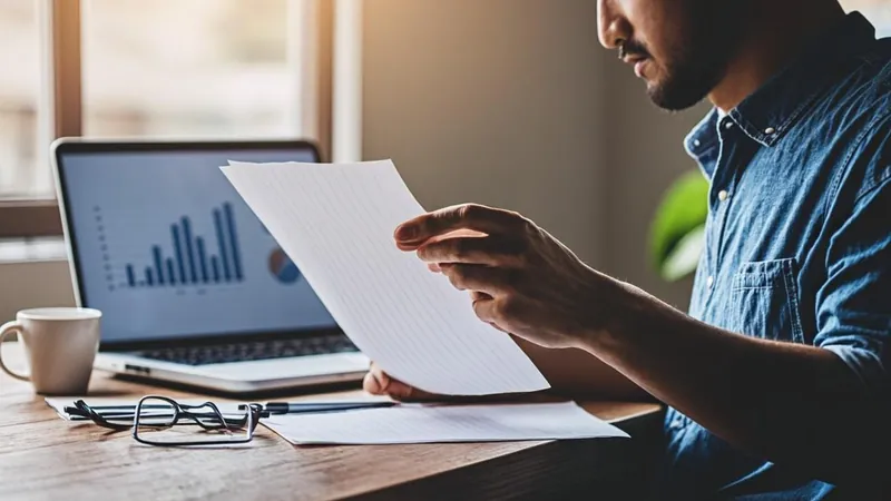 Investor reviewing new tax law documents with laptop and coffee at a home desk