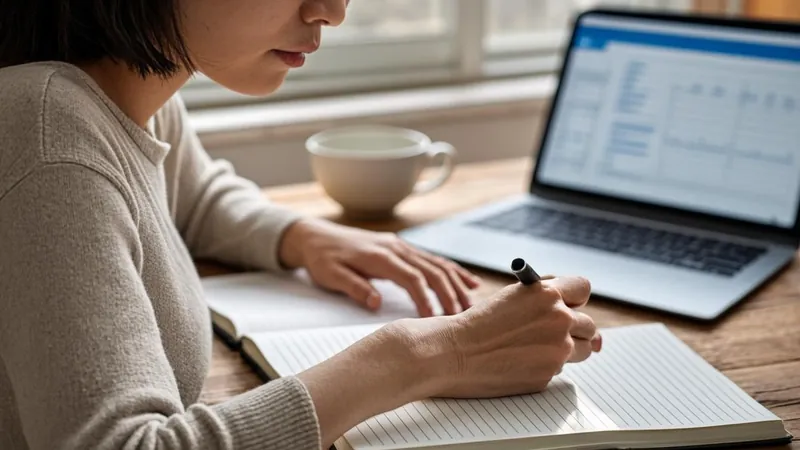 Investor writing a tax planning checklist in a notebook beside a laptop
