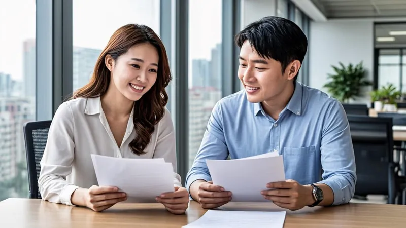Two business partners reviewing company documents together in a modern office