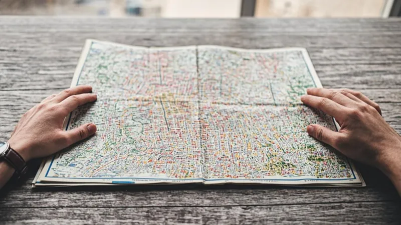 Hands comparing printed neighborhood maps across a wooden table
