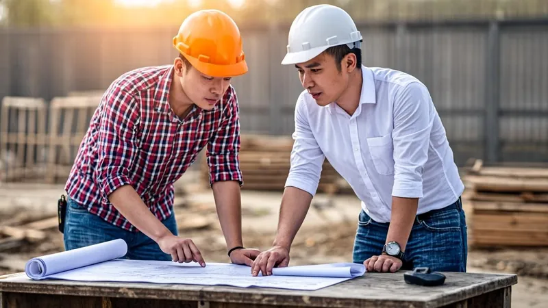 Contractor and architect in hard hats reviewing blueprints at a construction site
