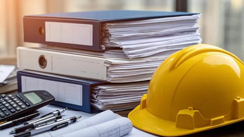 Construction binders, calculator and hard hat arranged on a site office desk