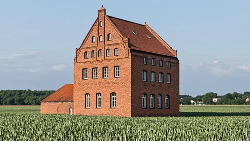 Historic red brick mill building being converted in a rural field