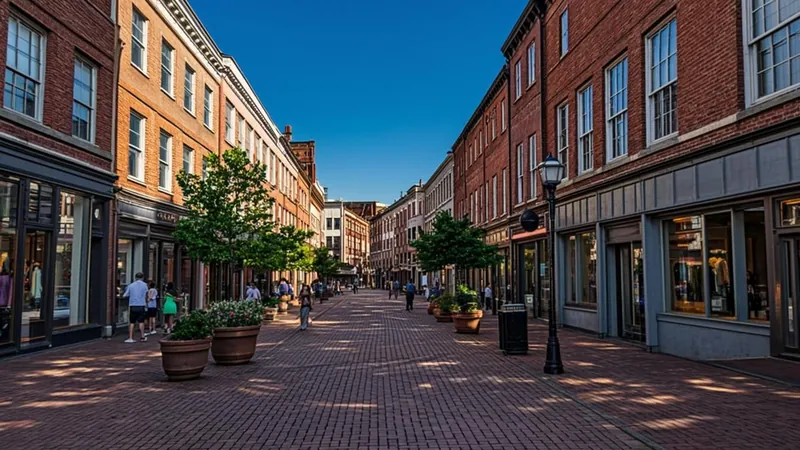 Quiet small town main street with renovated brick storefronts and young trees