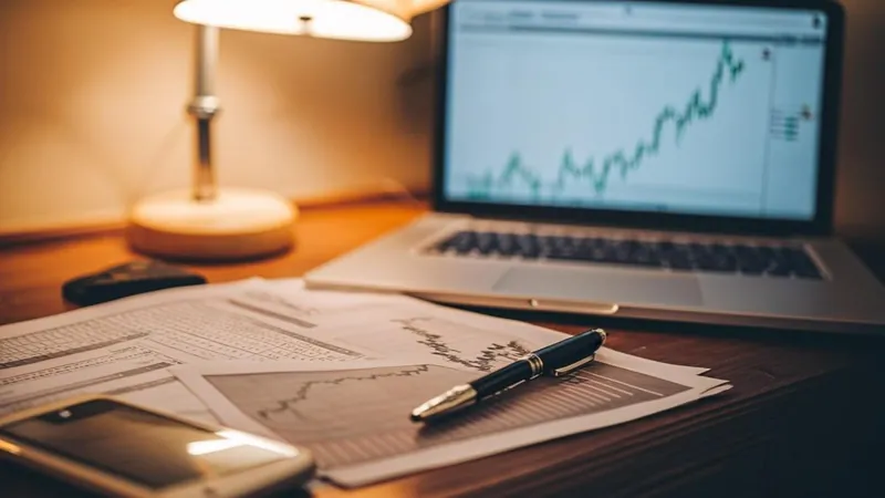 Laptop showing portfolio growth charts beside tax documents on a desk