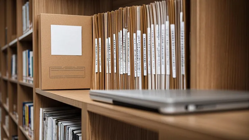 Folders of annual fund statements organized on a shelf beside a laptop