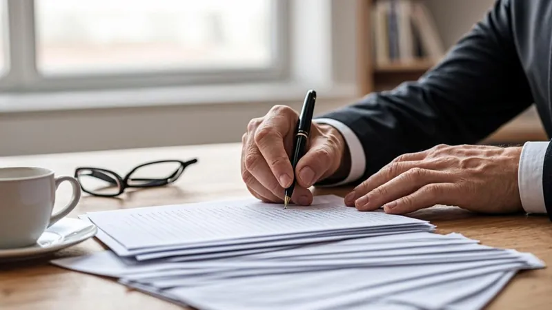 Investor signing fund subscription documents with a pen at a wooden desk
