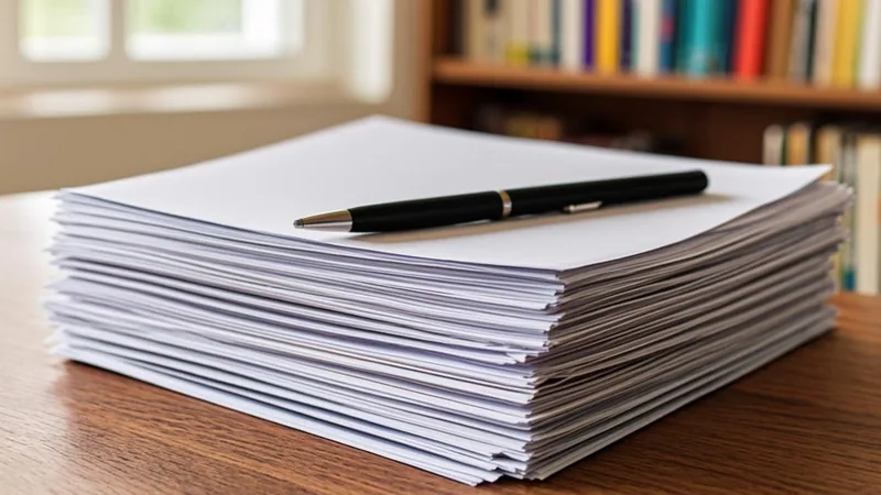 Neat stack of tax forms and a stapled return folder with a pen on a desk