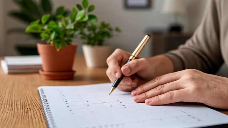 Person marking a payment date on a paper planner in a home office