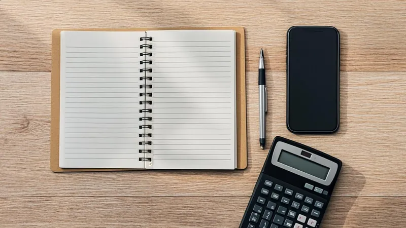 Open notebook, pen, calculator and phone arranged for a tax preparation checklist