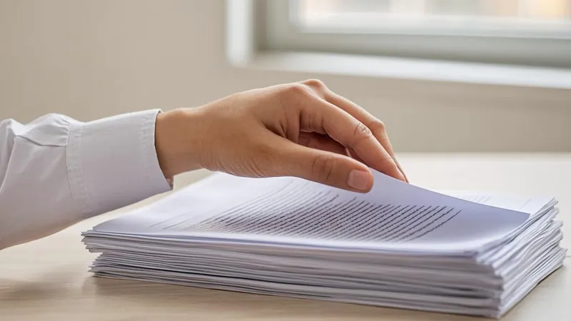 Hand lifting a document from a stack of organized tax records at a bright desk