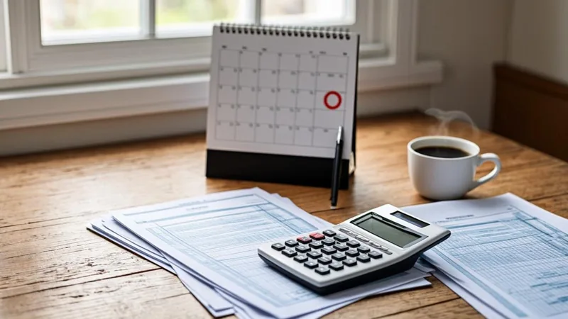 Desk calendar with marked dates next to tax paperwork and a pen