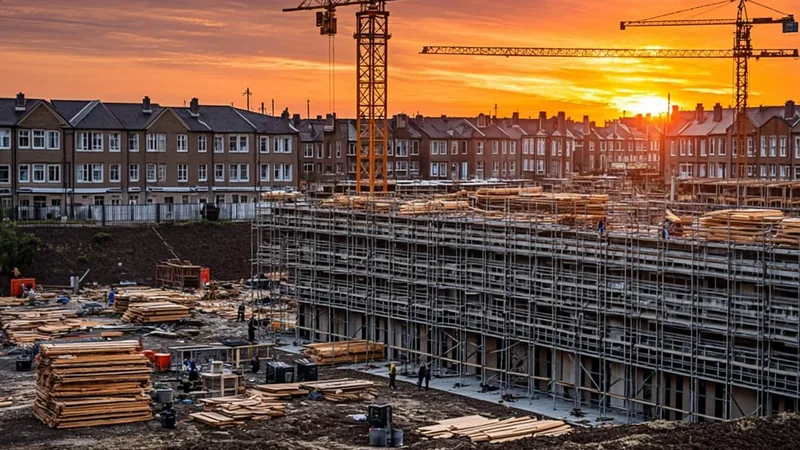 Construction crane over new residential development at golden hour