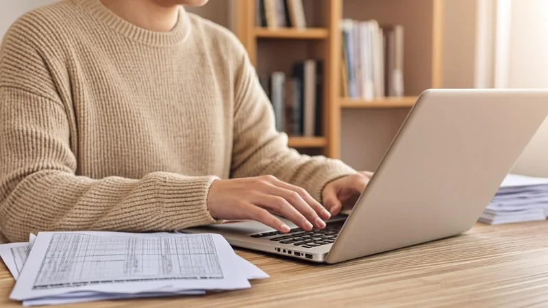 Person preparing a tax return on a laptop with printed forms nearby