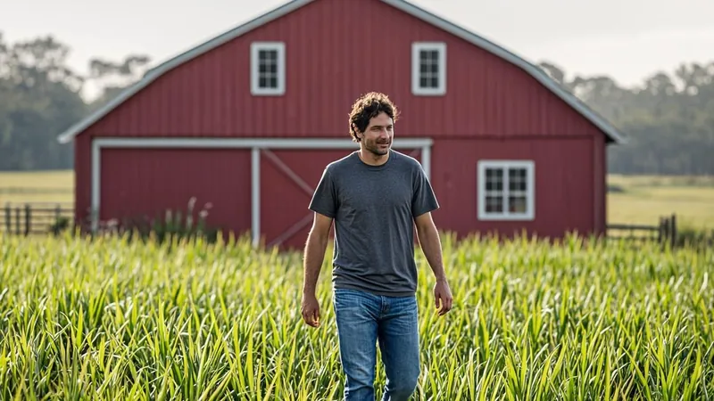 Person walking through a green field toward a renovated red barn in a rural zone