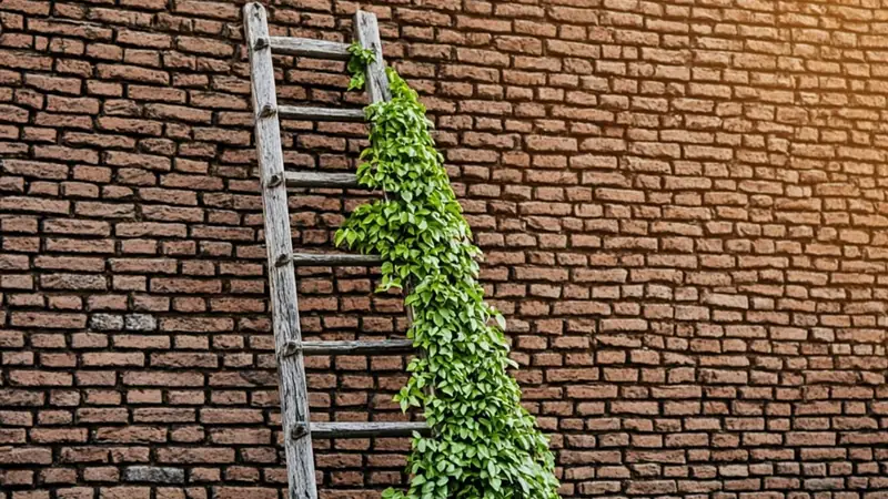 Wooden ladder against a brick wall with climbing plants symbolizing staged milestones