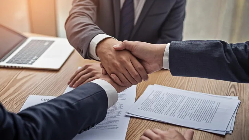Founders shaking hands over a signed agreement at a wooden conference table