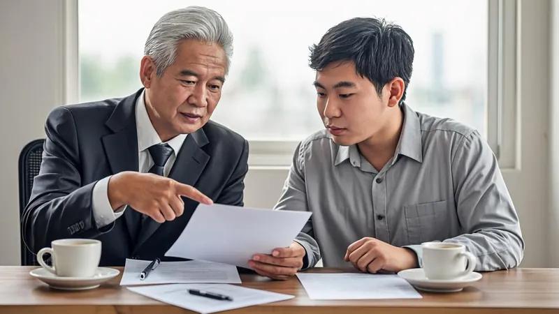 Mentor explaining documents to a young entrepreneur over coffee