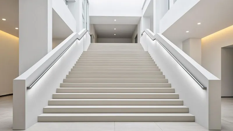 Wide modern staircase rising in three broad stages inside a bright building