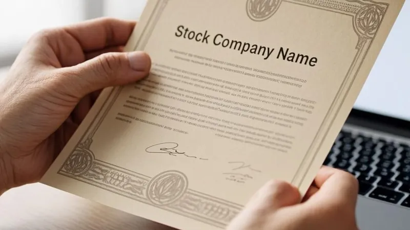 Close-up of hands holding shares of a small company beside a laptop