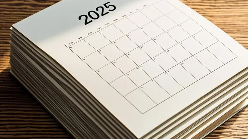 A five-year calendar with a marked milestone on a wooden desk