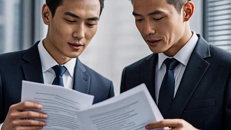 Two business professionals comparing two documents side by side