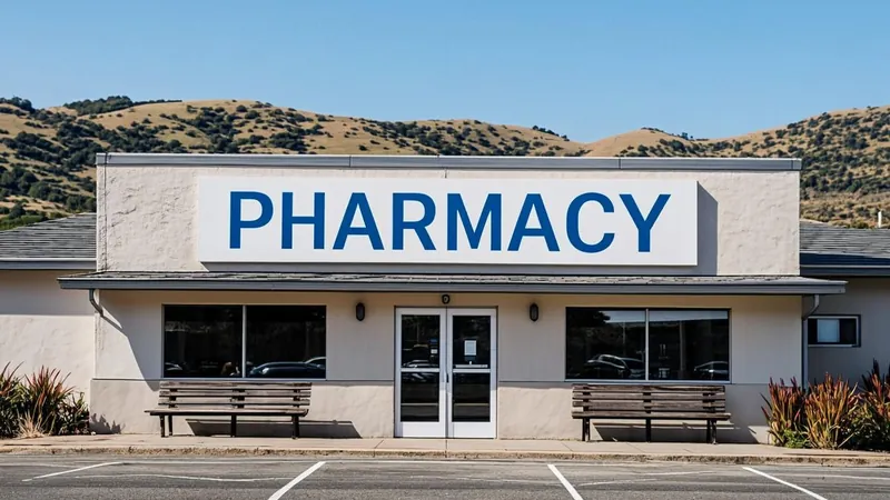 Rural pharmacy building with parking lot and green hills behind